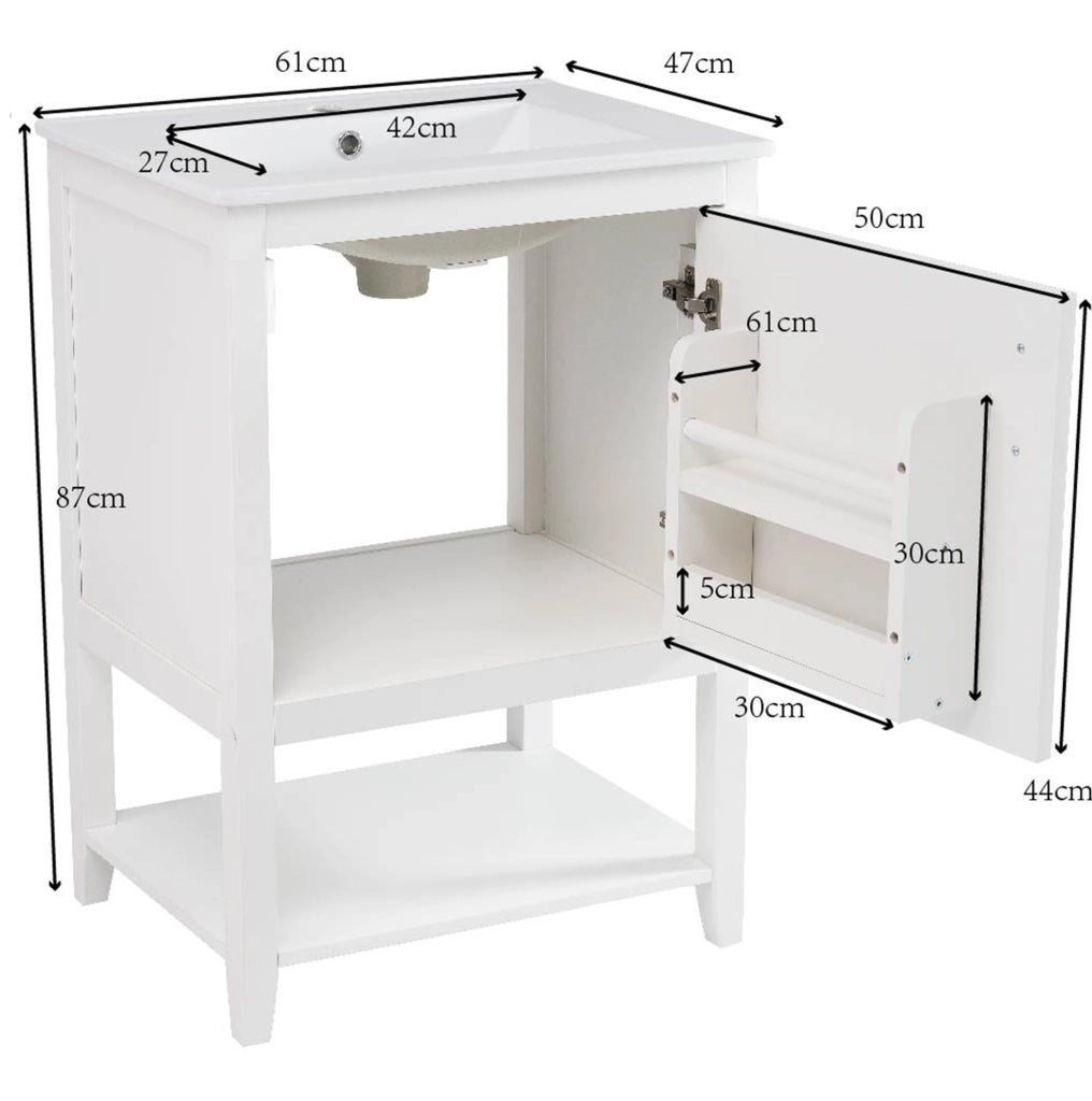 Mobile bagno a pavimento bianco in MDF con lavabo in ceramica e ripiani interni