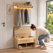 Set di mobili da ingresso con appendiabiti a parete; panca per scarpe con cuscino e LED; effetto rovere