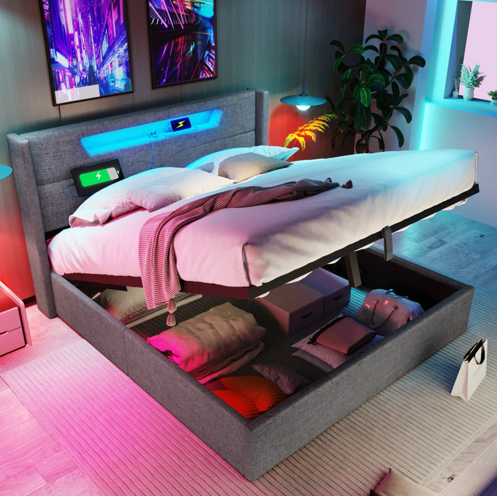 Letto imbottito con contenitore LED, ricarica USB e Tipo C 140 x 200 cm
