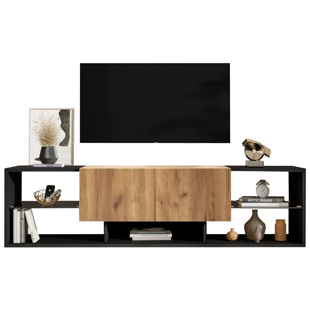 Mobile TV LED 160x40x42 cm in truciolato nero e naturale con contenitore
