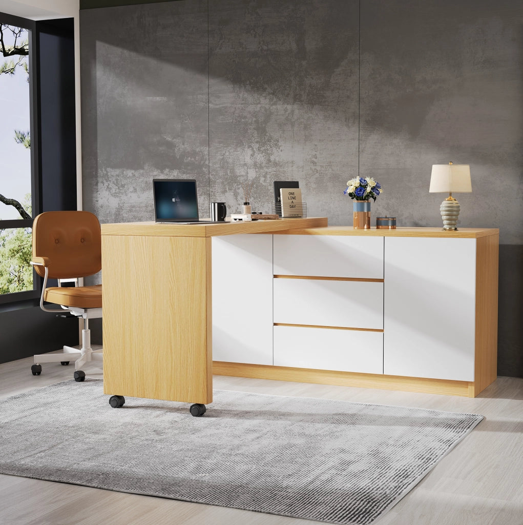 Scrivania girevole 360° 120x50x76;5 cm con 3 cassetti e 2 ante in truciolare bianco e rovere
