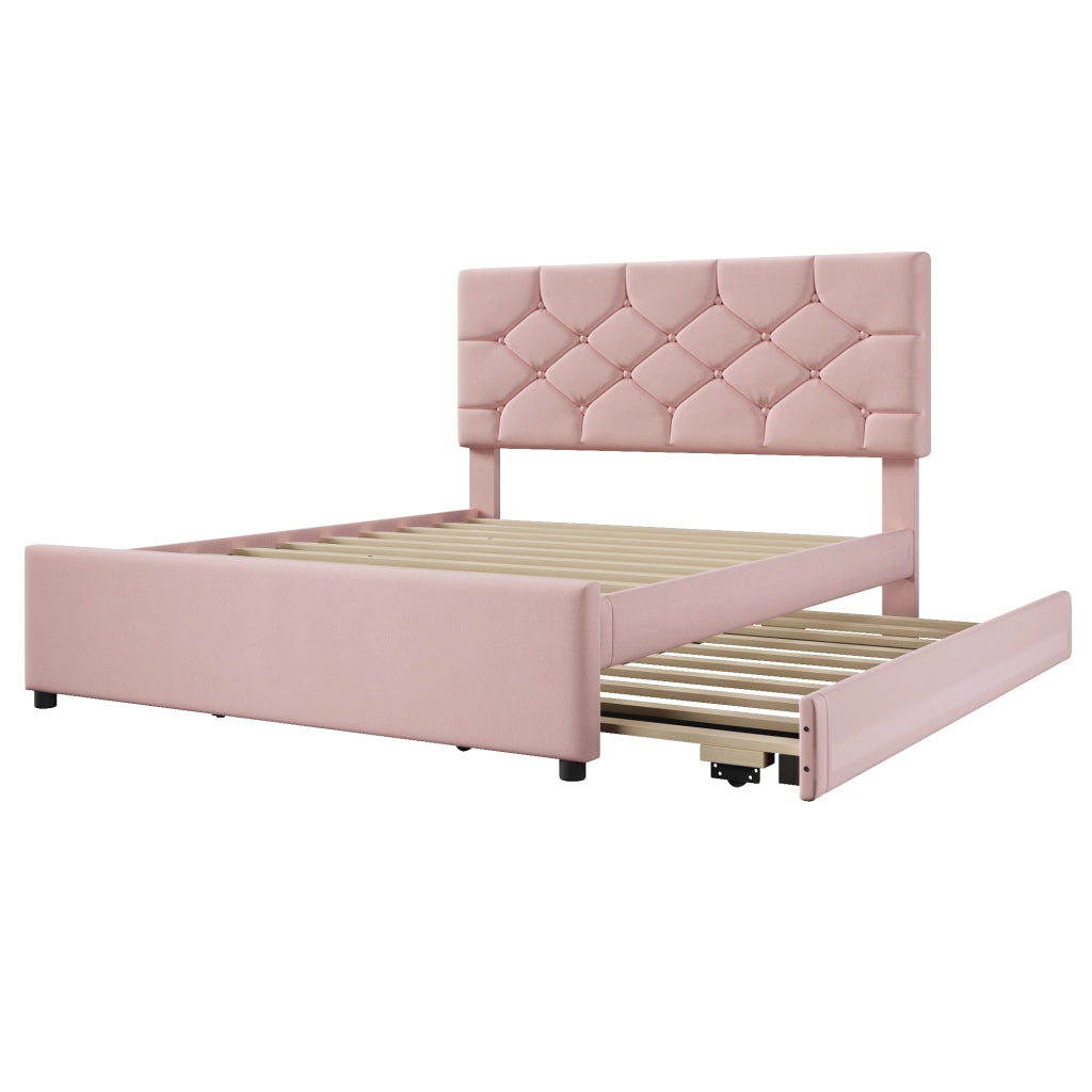Letto imbottito 140x200 cm con rete a doghe e letto estraibile in velluto rosa