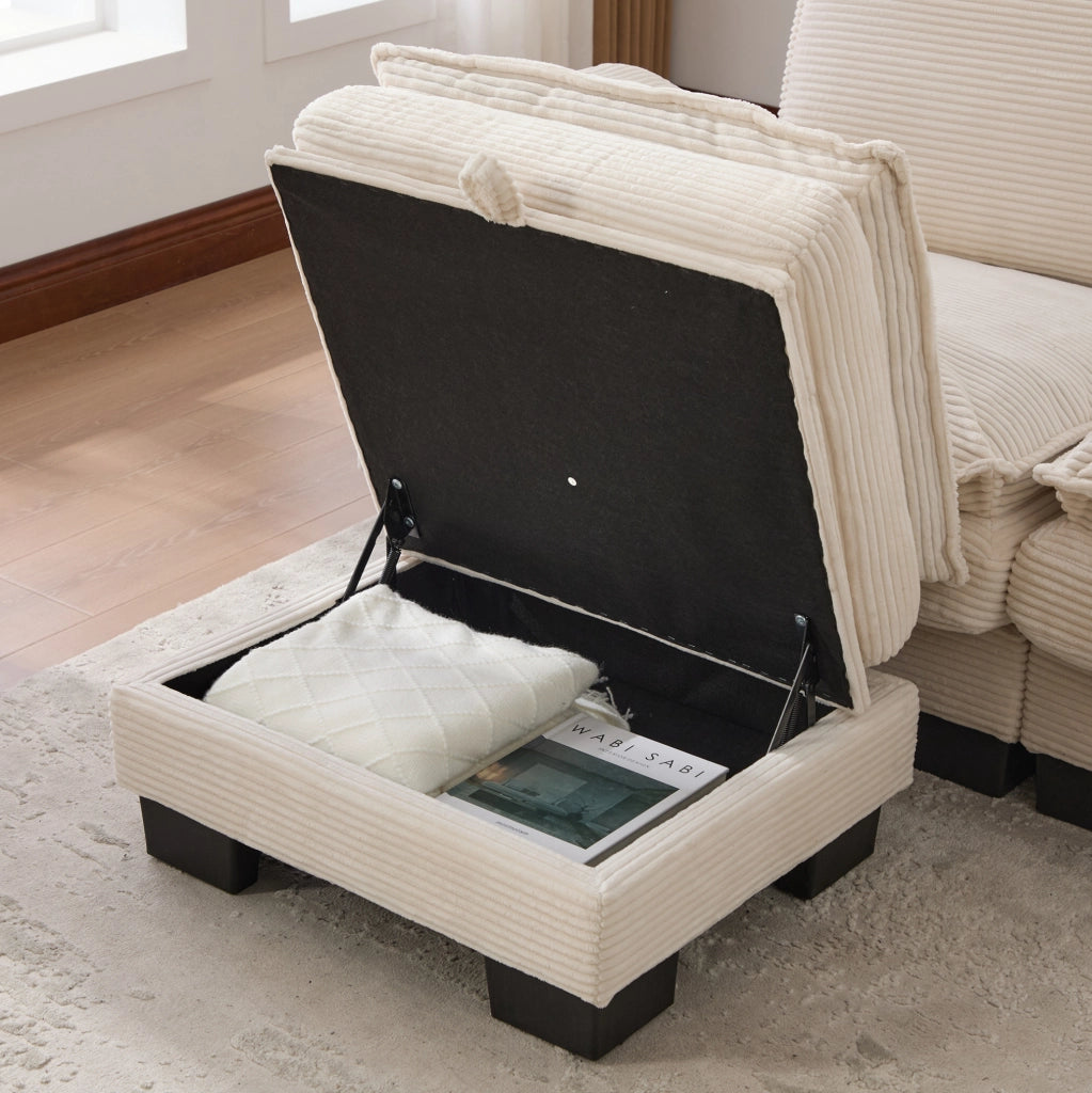 Sofa modulare 2 posti in corduroy con 2 pouf; USB-C; beige; 190x132x84 cm