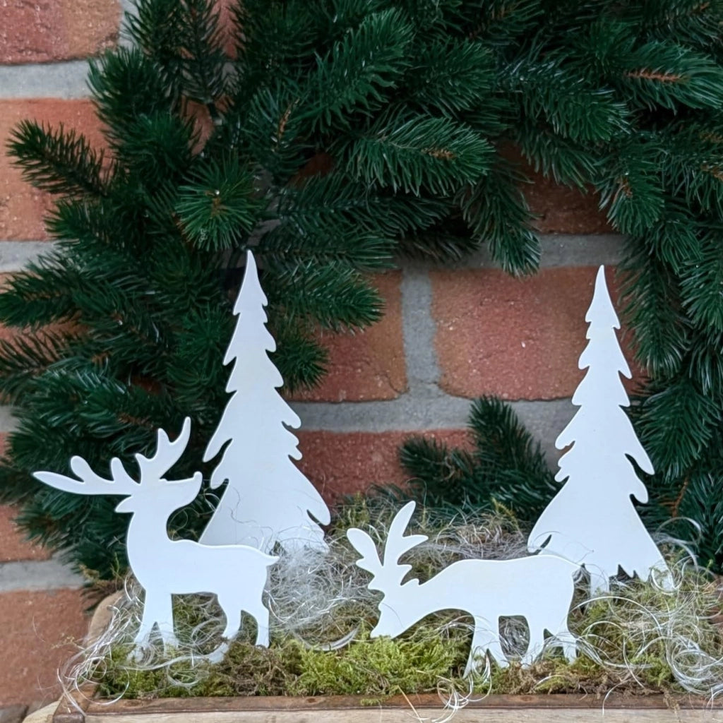 Set di 4 pezzi: 2 alci e 2 alberi di Natale in metallo, bianco, decorazione natalizia e autunnale per vasi da fiori, corone dell'Avvento e ghirlande per porte