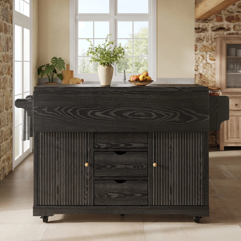 Carrello da cucina con piani laterali pieghevoli 3 cassetti ripiani regolabili ruote con freno nero MDF metallo