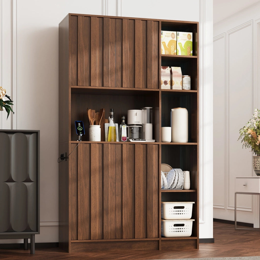 Mobile da cucina alto 105x40x180 cm con LED RGB; prese USB e 2 ante in MDF color noce
