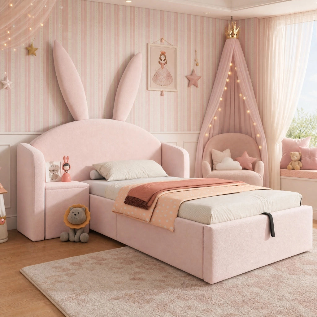 Letto singolo per bambini 90x200 cm con contenitore e comodino reversibile in velluto rosa HOMVRA