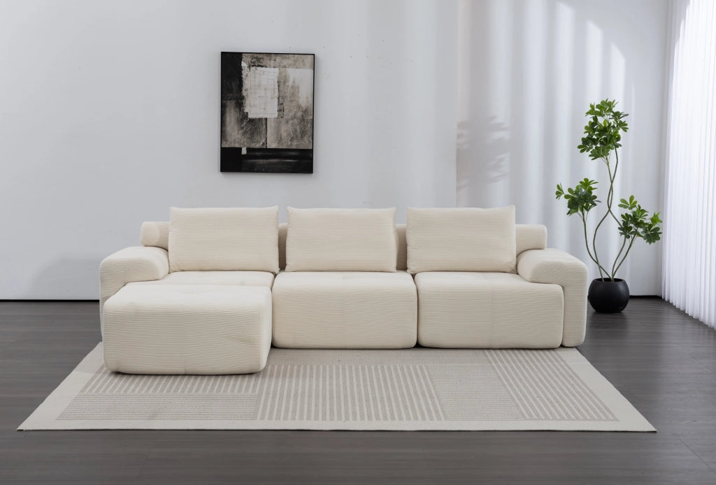 Divano angolare modulare L in tessuto a coste beige con schiuma memory 305 cm