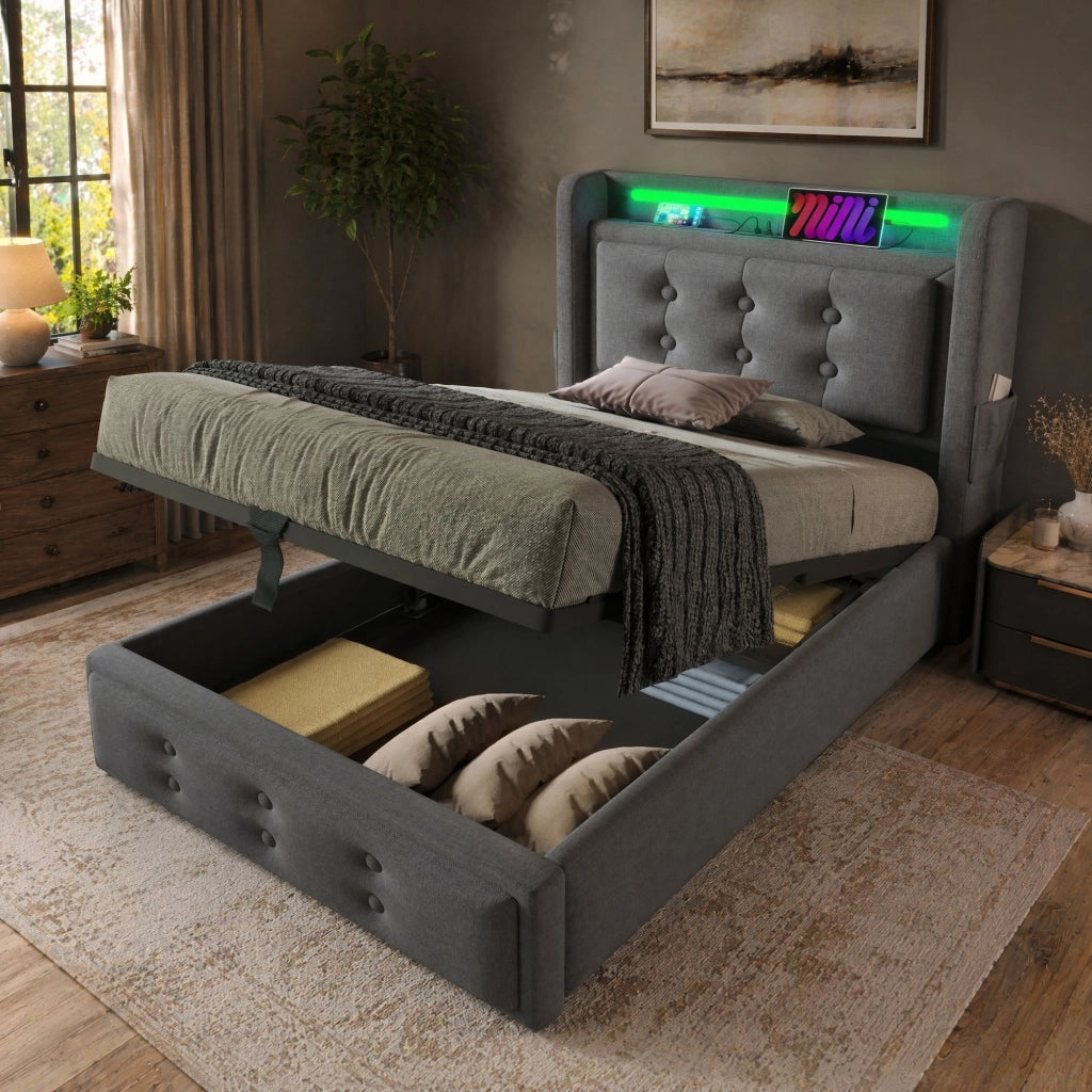 Letto imbottito 90x200 cm con LED; prese USB e Type-C; contenitore; cotone e lino; grigio