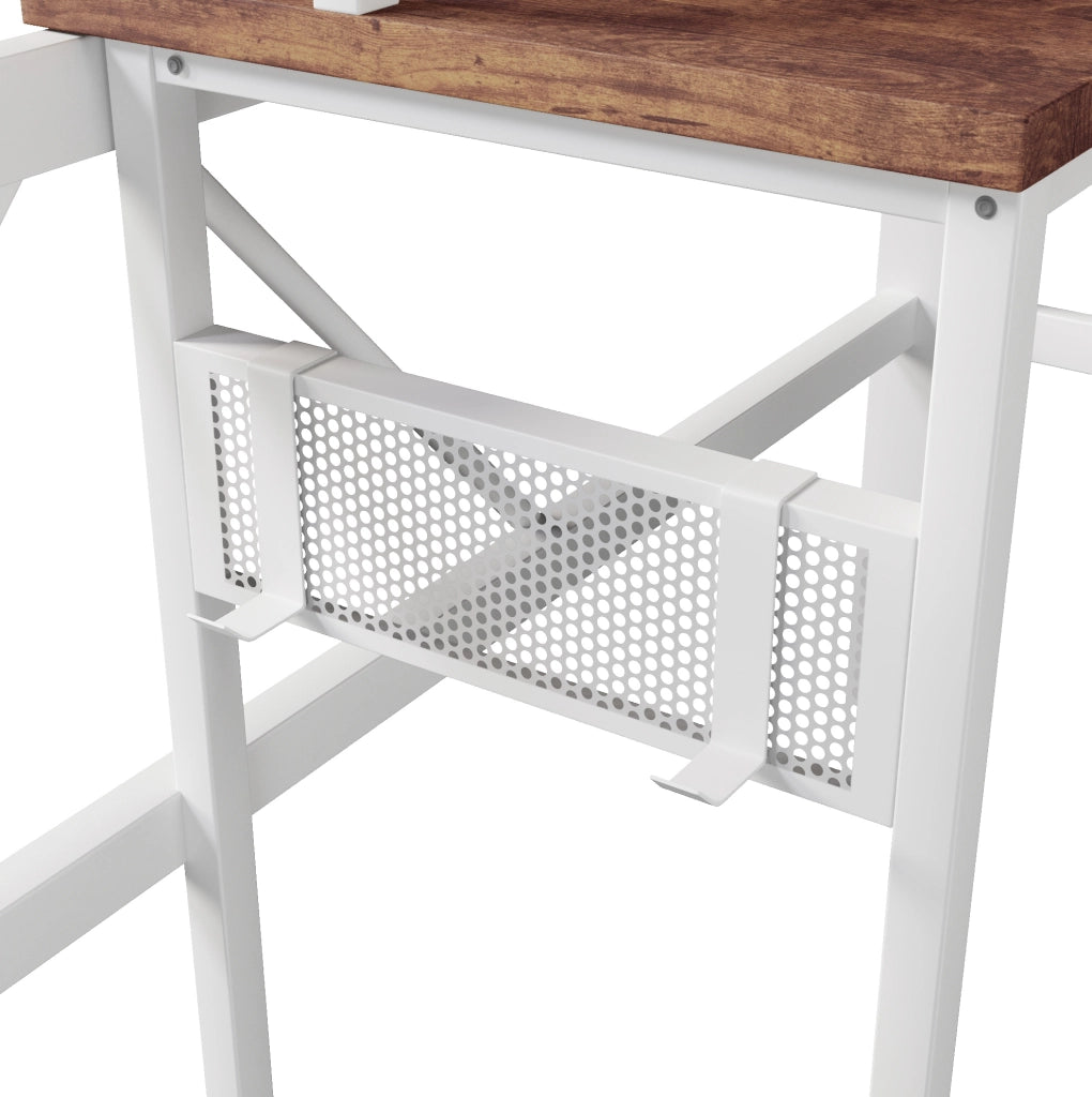 Letto a soppalco 140x200 cm con struttura in ferro, scrivania integrata e striscia LED multicolore, bianco, senza materasso