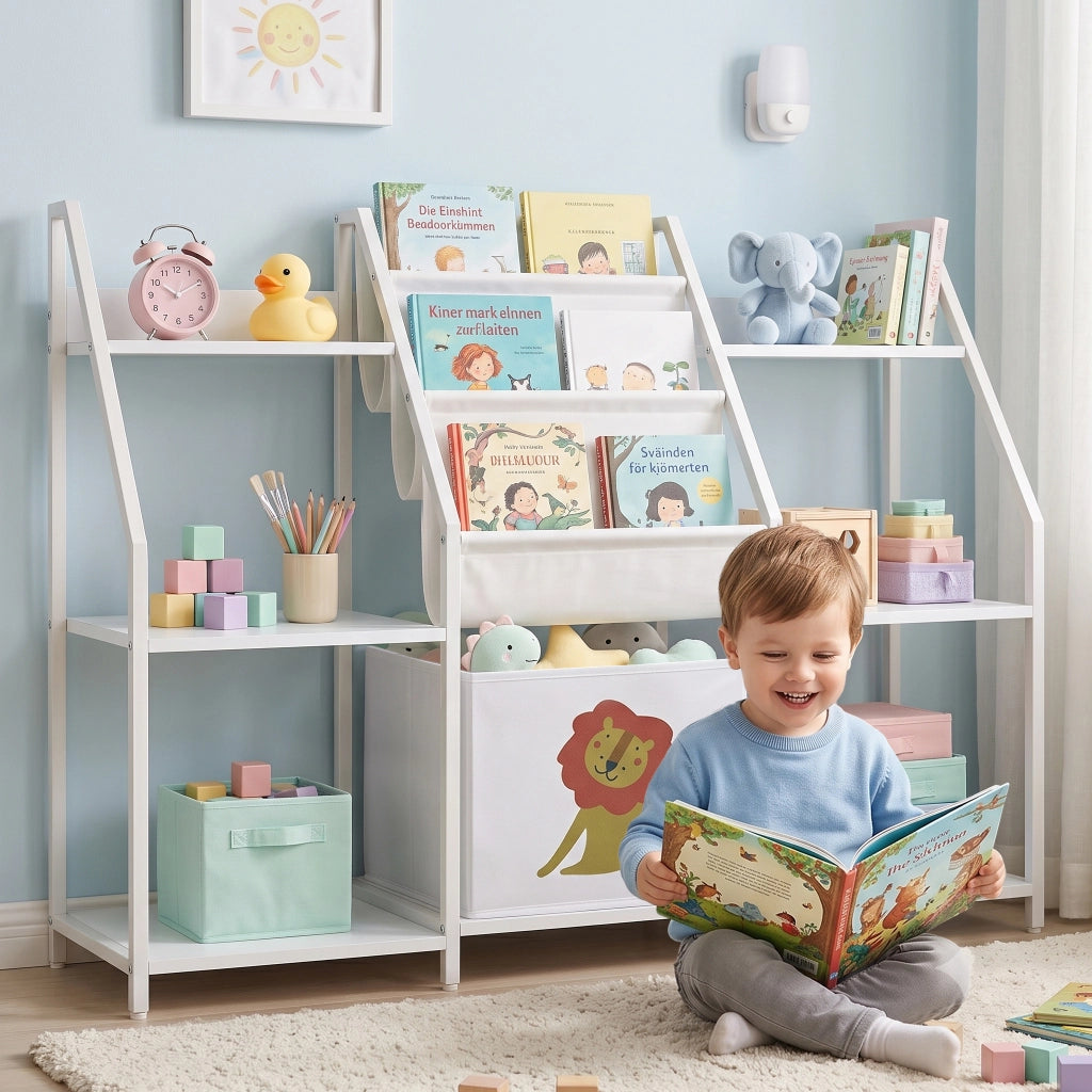 Libreria Montessoriana per Bambini 3-8 Anni con 3 Ripiani in Tessuto, Scomparti in Legno e Cassetto, Bianco