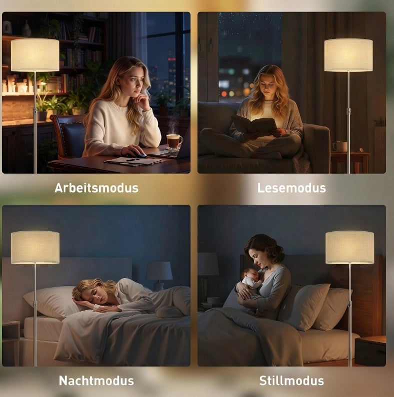 Lampada da terra regolabile con telecomando, paralume in tessuto beige, struttura in metallo, dimmer e interruttore a pedale