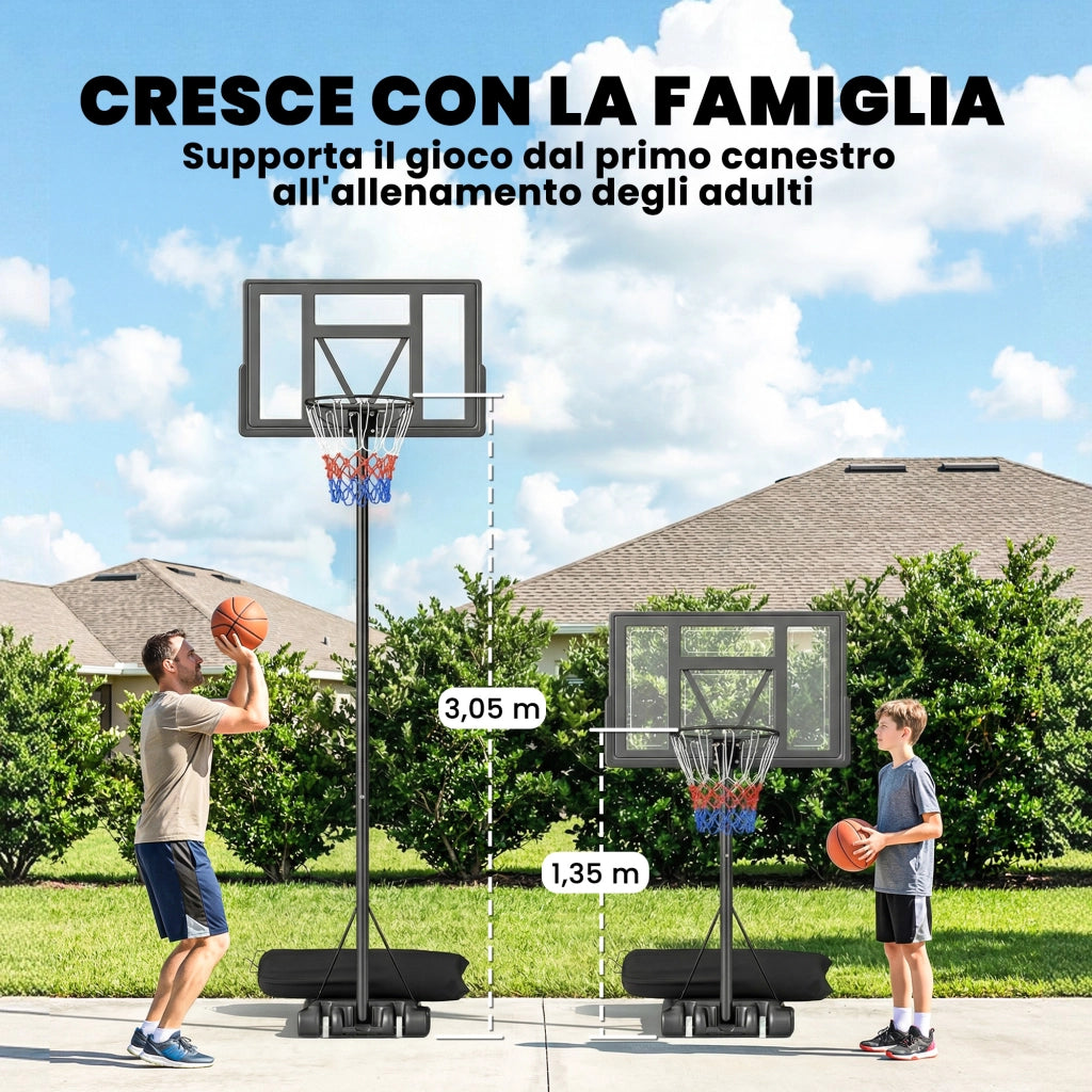 Canestro da Basket con Altezza Regolabile 1,3-3 m Base Riempibile e Ruote Nero