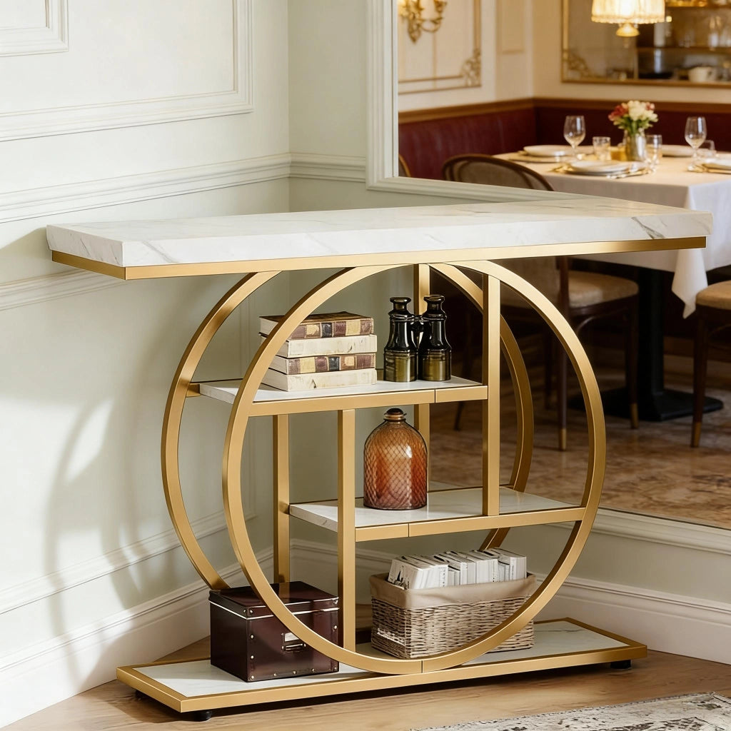 Consolle a 4 livelli sfalsati con struttura circolare in metallo e legno 105 × 30 × 80 cm