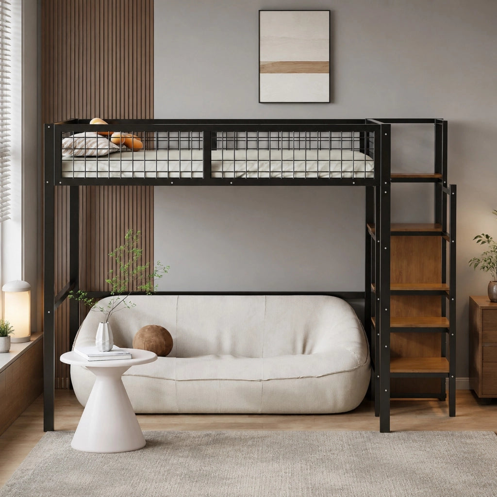 Letto a soppalco 140x200 cm con scala e armadio; metallo nero