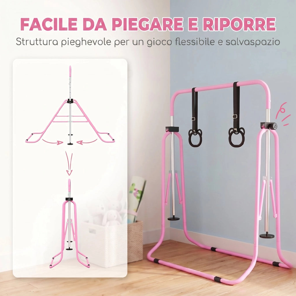 Sbarra da ginnastica artistica per bambini in acciaio rosa con 2 anelli, altezza regolabile e pieghevole, 148x105x88-128 cm, per casa