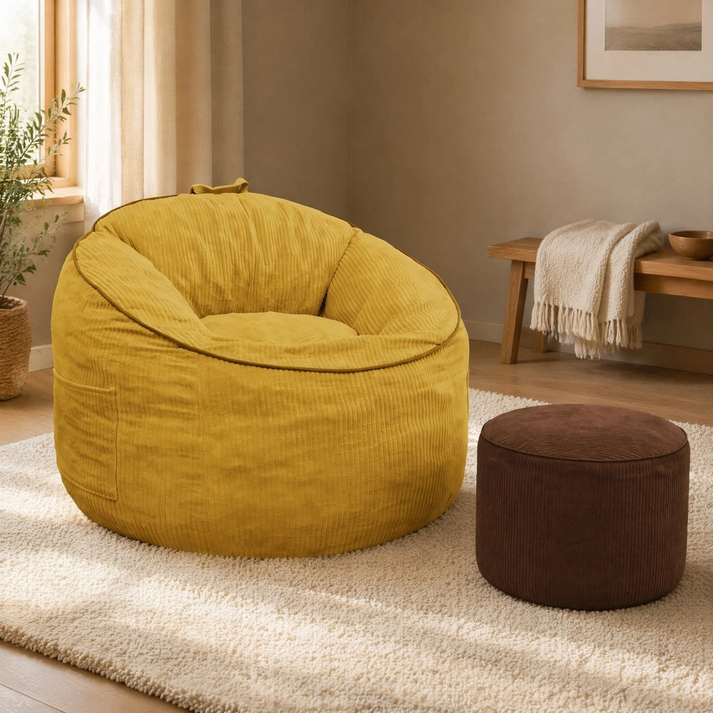 Poltrona curva ergonomica gialla con tasca laterale e pouf cilindrico