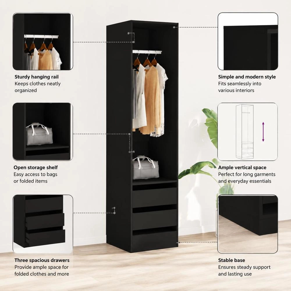 Wardrobe With Drawers, Black, 50x50x200cm, Wood-based Material