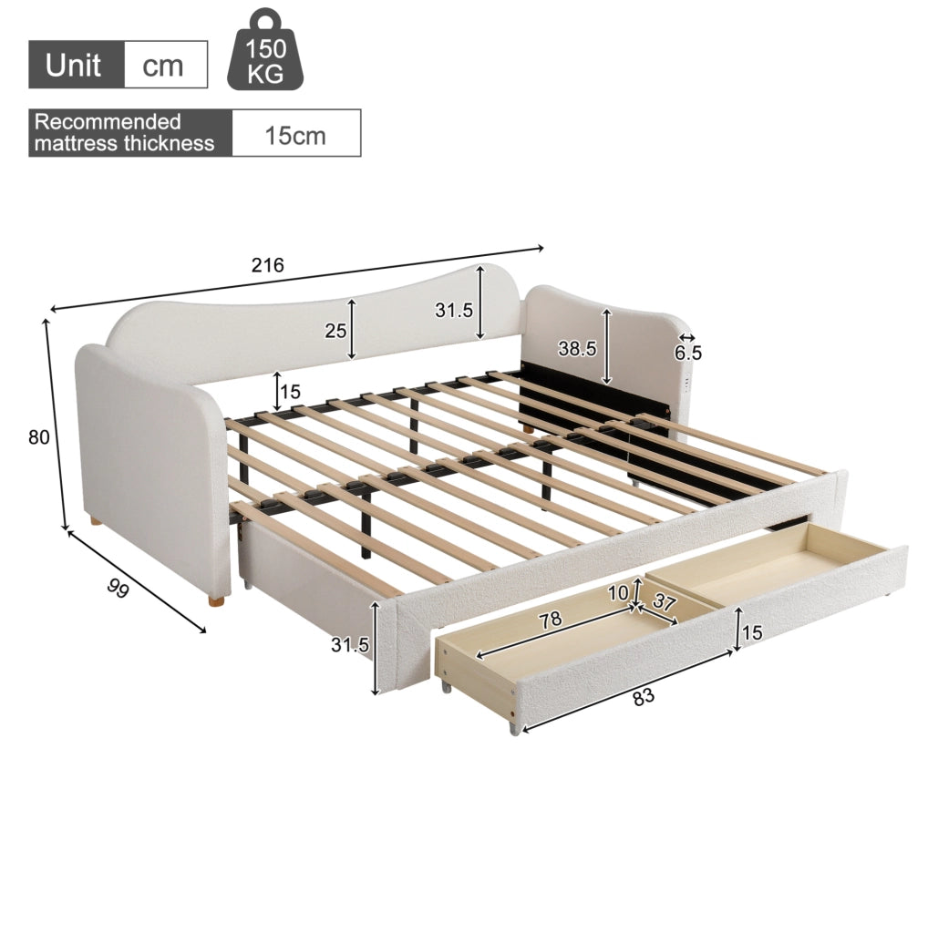 Letto imbottito estensibile con 2 cassetti, 90x200 cm, colore beige bouclé, con porta USB