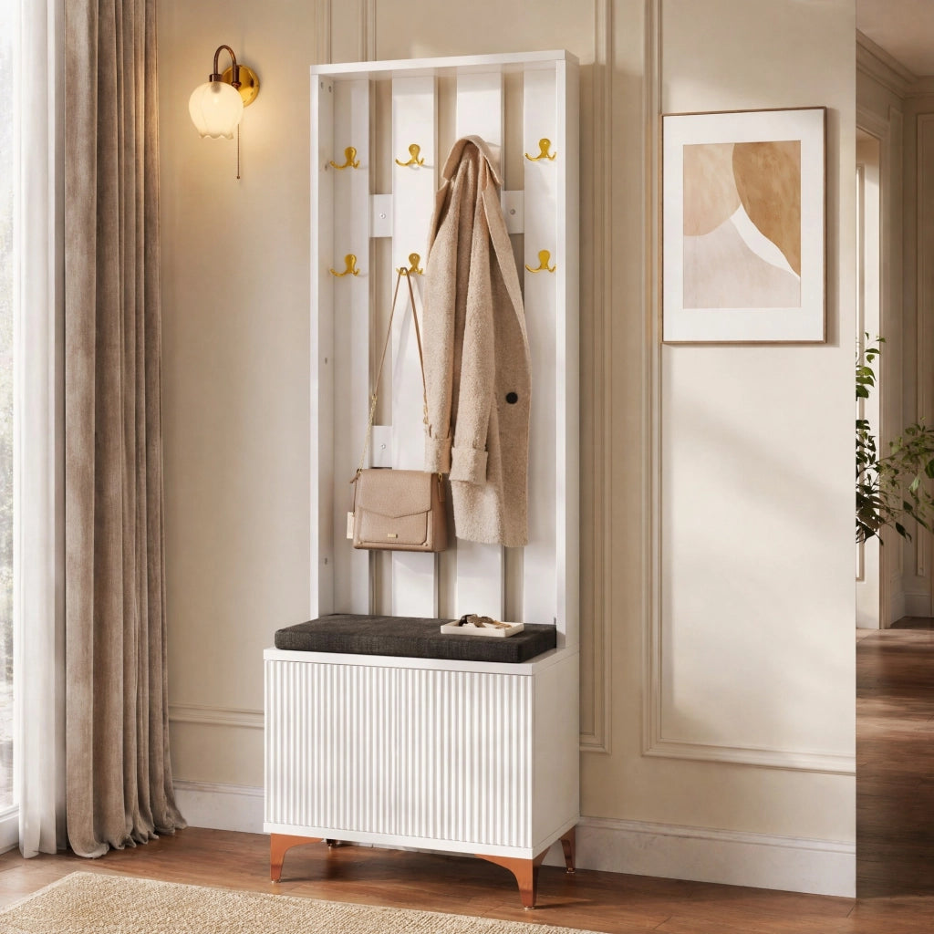 Guardaroba bianco con ripiani regolabili; ganci e cuscini grigi; 60.5 ¡Á 180.5 ¡Á 35.2 cm