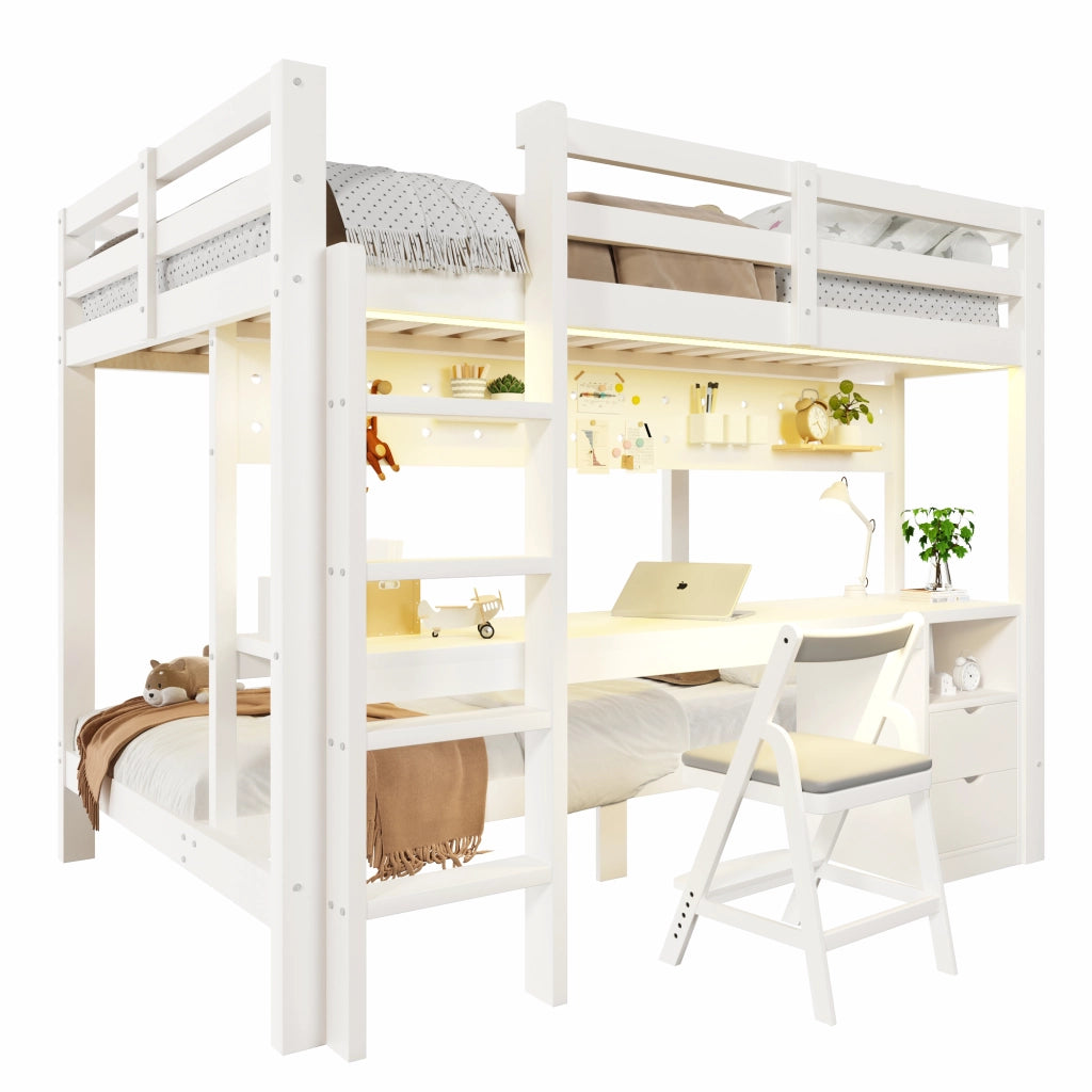 Letto a castello due livelli 140 × 200 cm e 90 × 200 cm con scrivania cassetti e barra LED