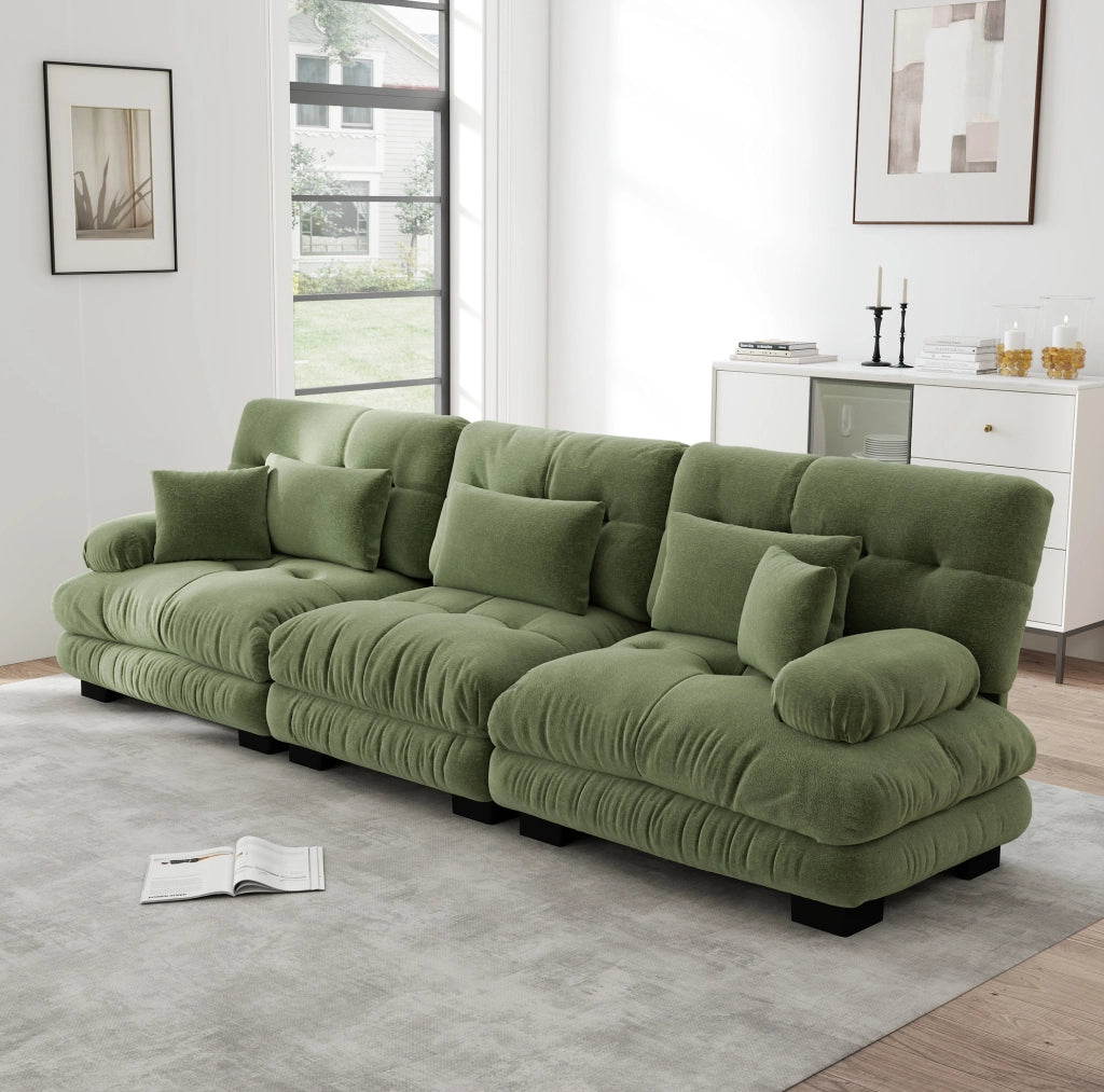 Divano angolare modulare 313x77x81 cm in ciniglia verde, seduta profonda