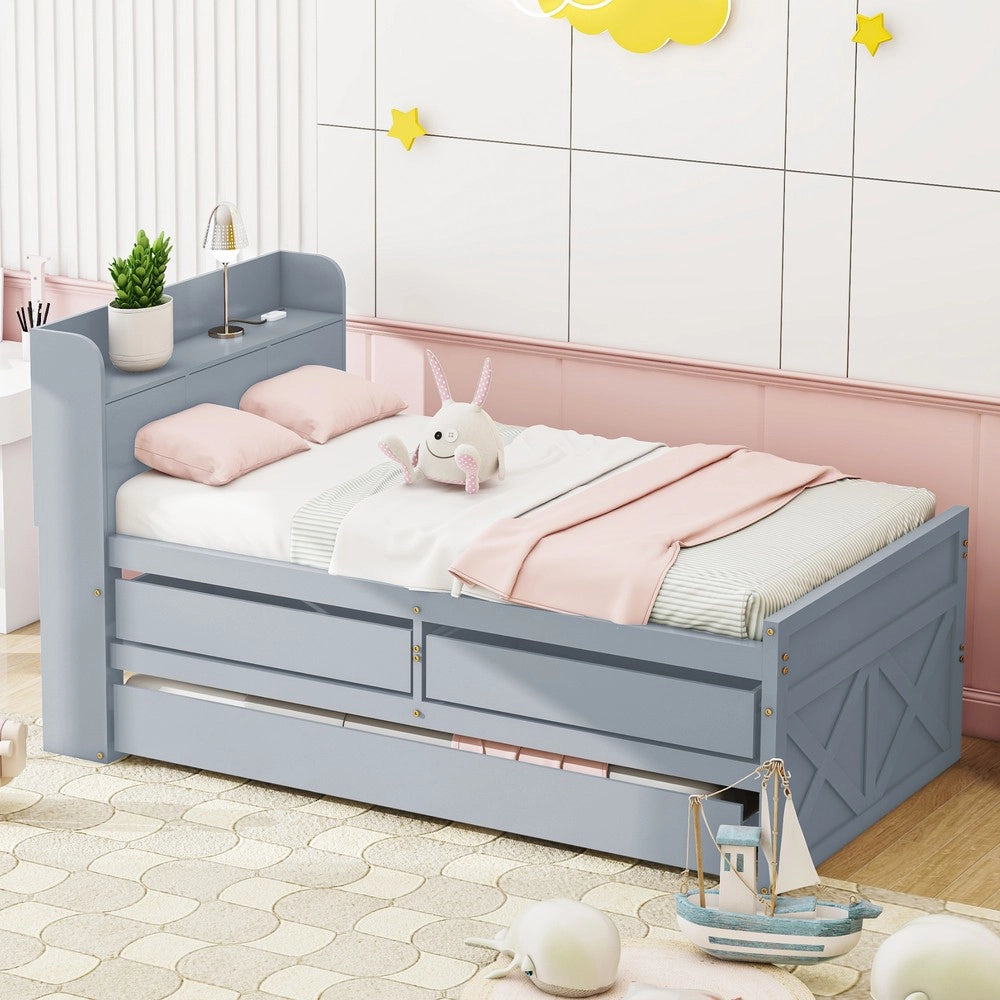 Letto Singolo con Rete a Doghe Cassetto e Comodino ¨C Minimal ¨C Grigio Legno Pino Massello 90x190cm
