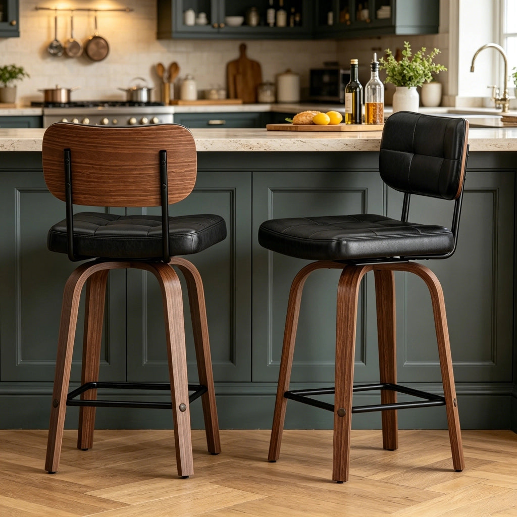 Sgabello da bar con schienale ergonomico e anello antiscivolo, in legno massello e similpelle, nero e noce scuro