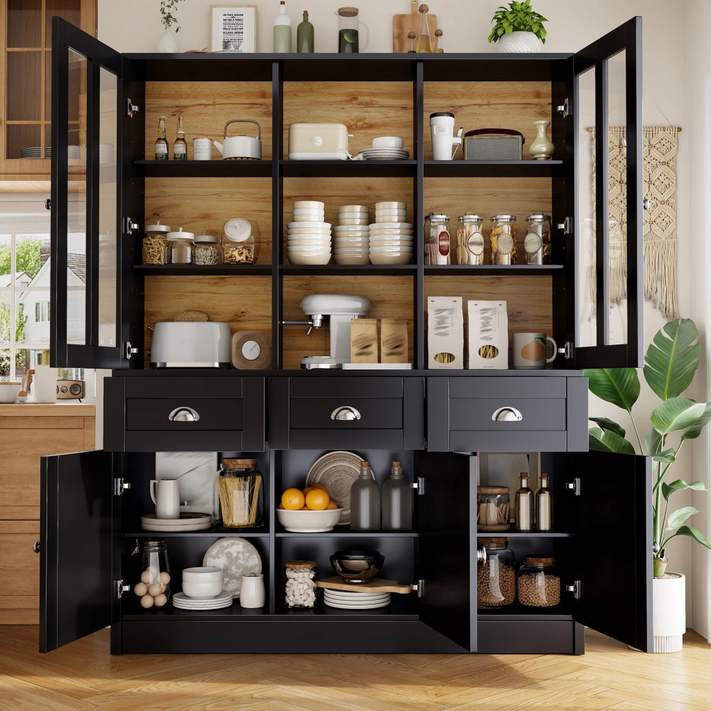Vetrina da cucina alta in MDF nero con ante in acrilico; ripiani regolabili e chiusura ammortizzata; 140 × 38.5 × 175 cm