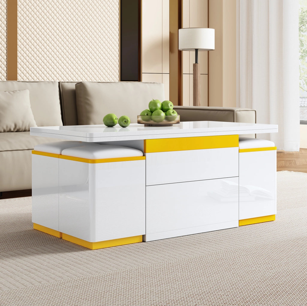 Tavolino trasformabile bianco e giallo con 4 sgabelli contenitore, 100 x 50 cm