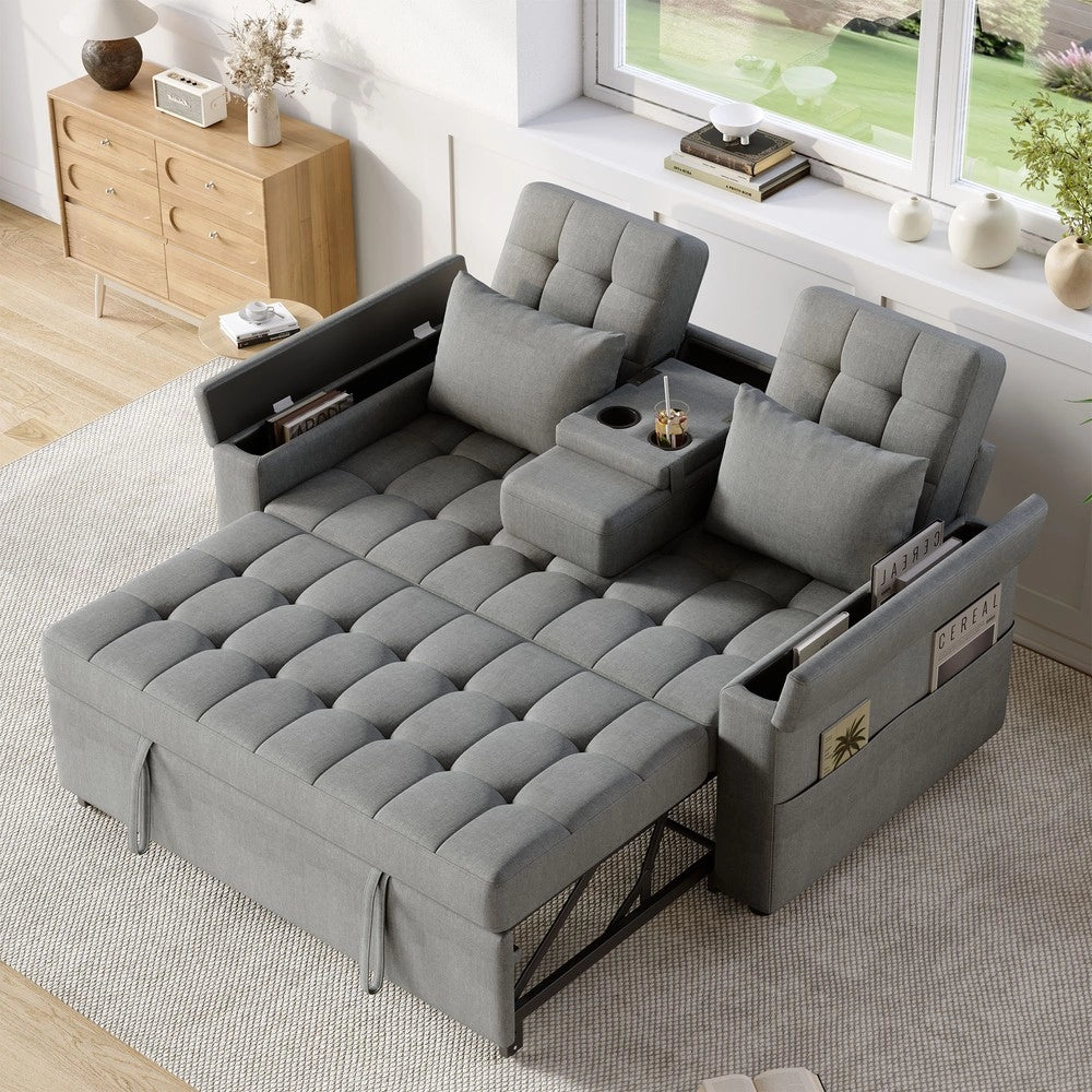 Divano letto estraibile con contenitore ¨C Minimal ¨C grigio tessuto con cuscini