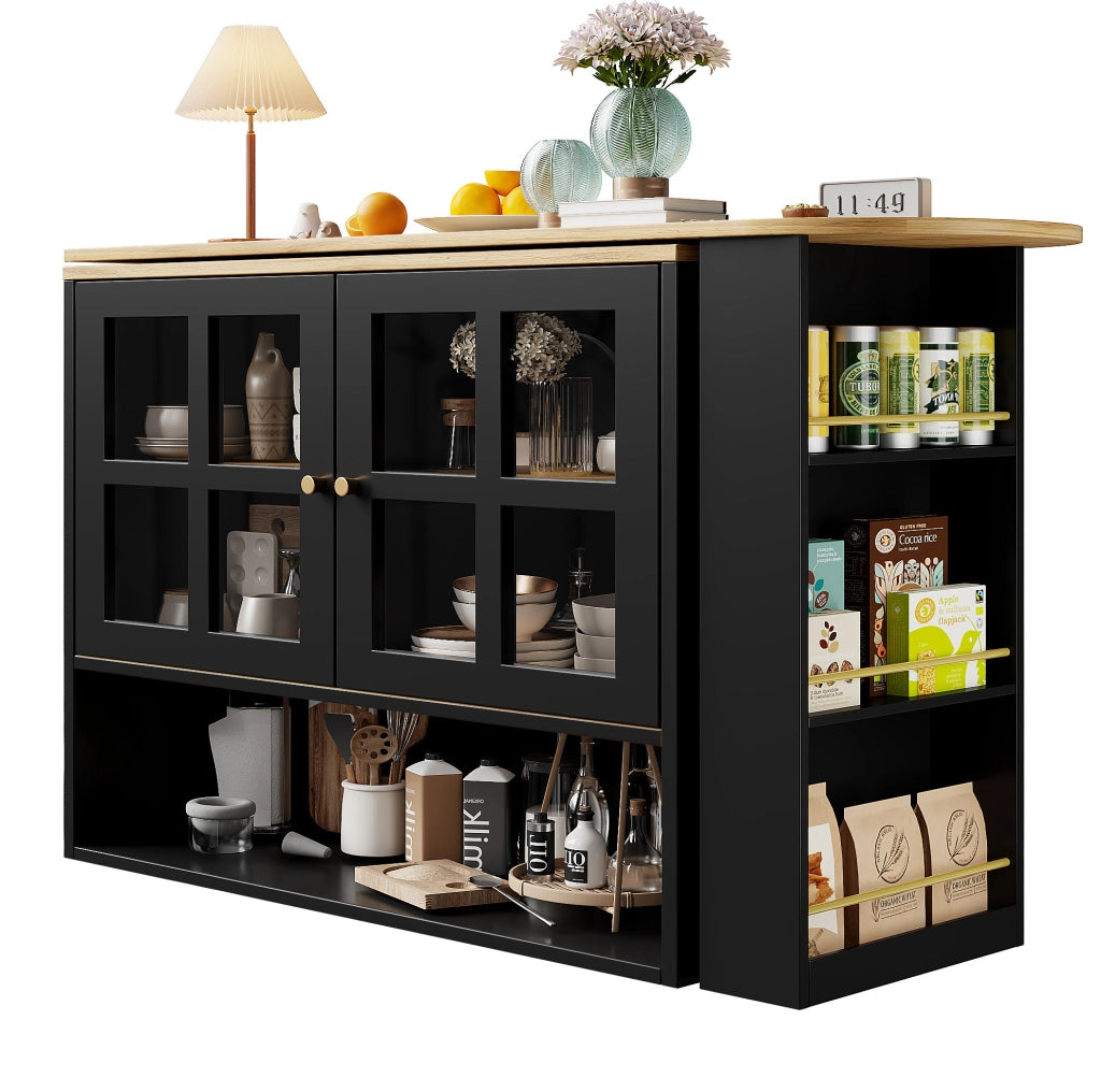 Credenza girevole 360° con ante in vetro temperato, ripiani regolabili e struttura in MDF 138-204 cm