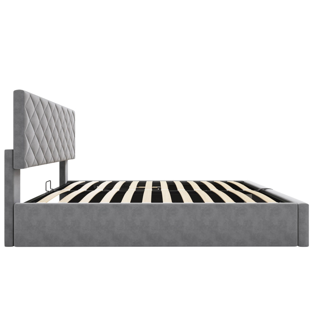 Letto imbottito 140x200 cm con contenitore e rete a doghe in velluto grigio