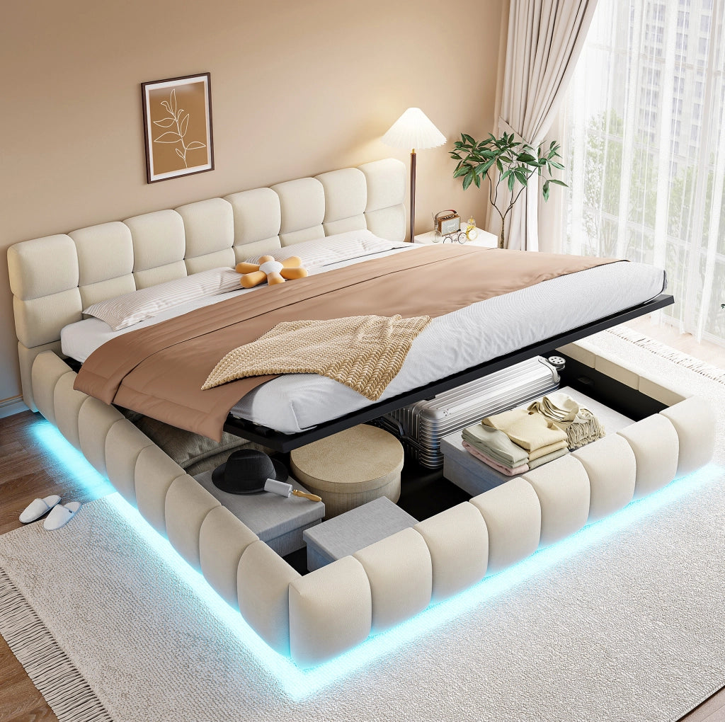 Letto imbottito 180x200 cm beige in velluto con contenitore idraulico e LED