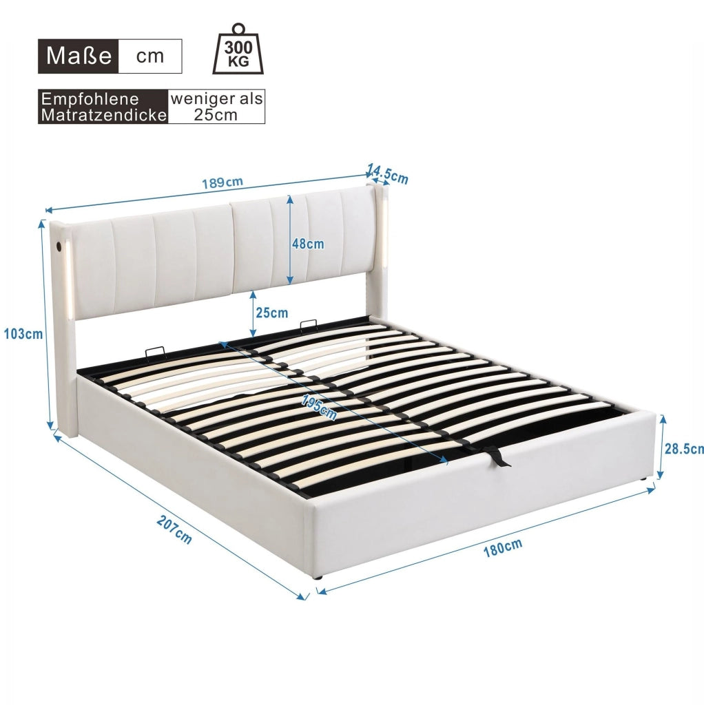 Letto matrimoniale contenitore 180x200 cm in PU bianco con LED e testiera regolabile HOMVRA