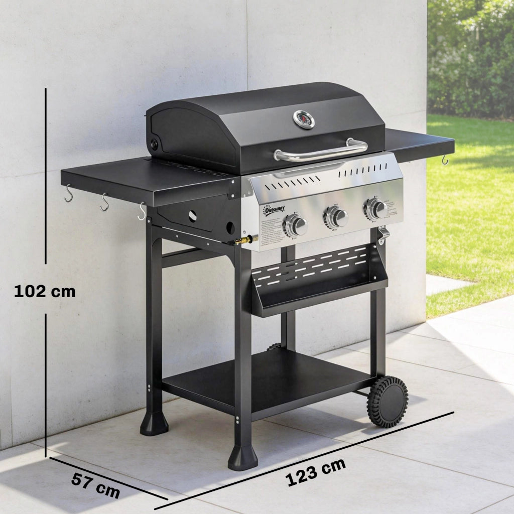 Barbecue a Gas 3 Fuochi 9 KW ¨C Xylo ¨C Acciaio Inox con Ripiano Laterale Pieghevole e Ganci