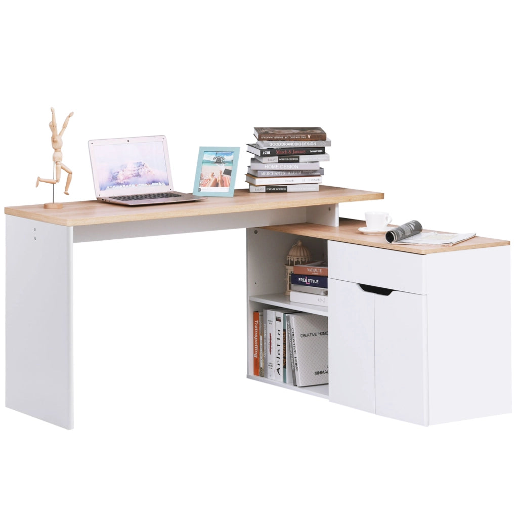 Scrivania Angolare con Libreria a 2 Ripiani, Armadietto e Cassetto, 140x117x76 cm, color Legno e Bianco
