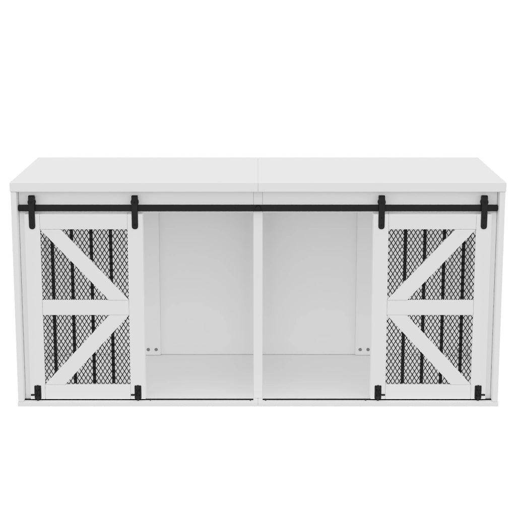 Gabbia per cani con divisorio centrale fisso e porte scorrevoli; in MDF e metallo bianco per due cani