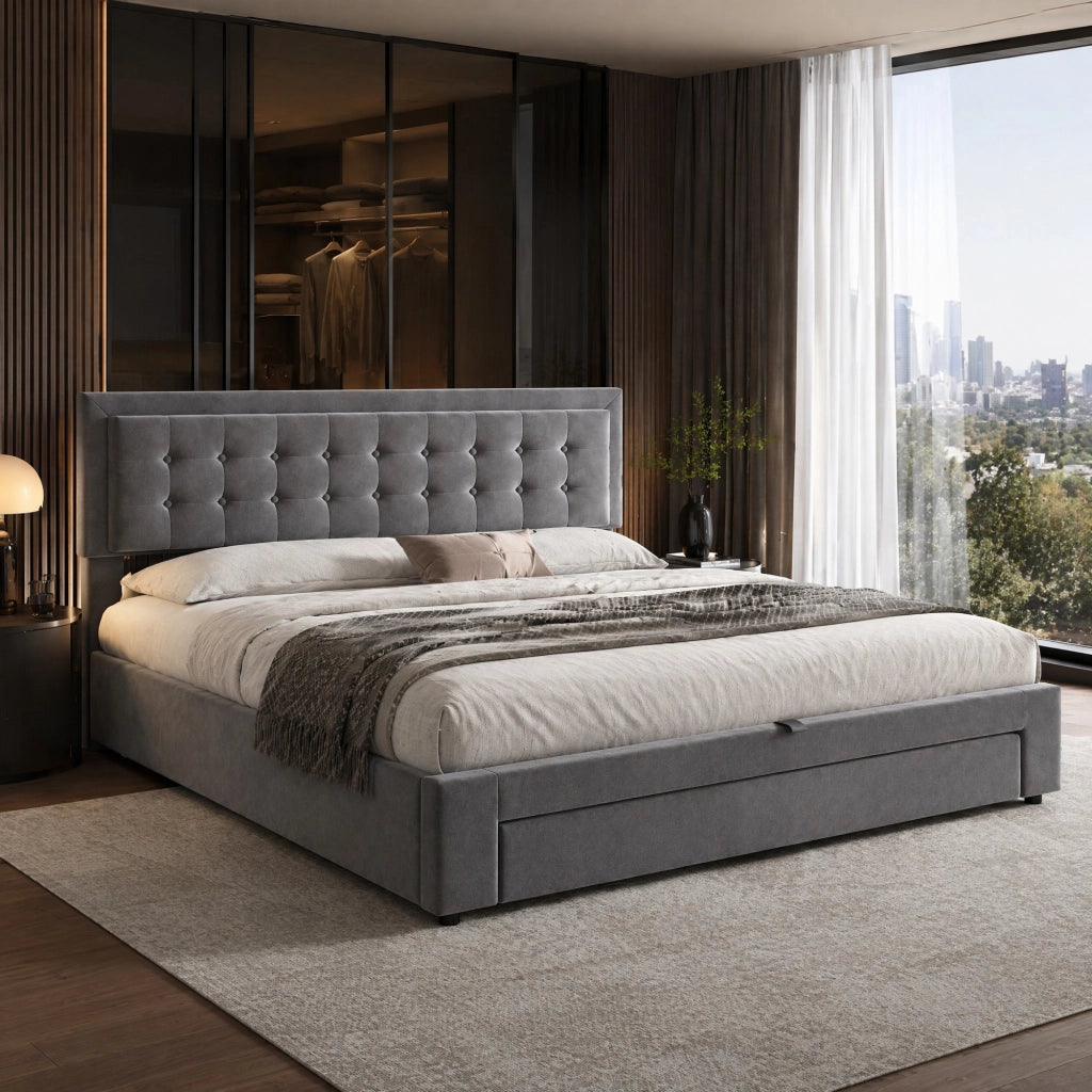 Letto matrimoniale contenitore 160 × 200 cm in velluto grigio con testiera regolabile e cassetti in rete