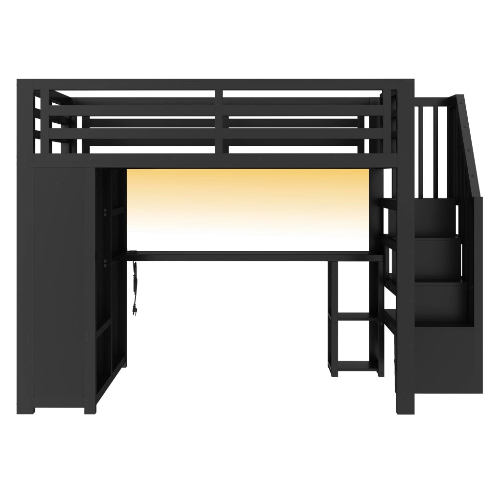 Letto a soppalco matrimoniale 140x200 in metallo nero con scrivania e LED