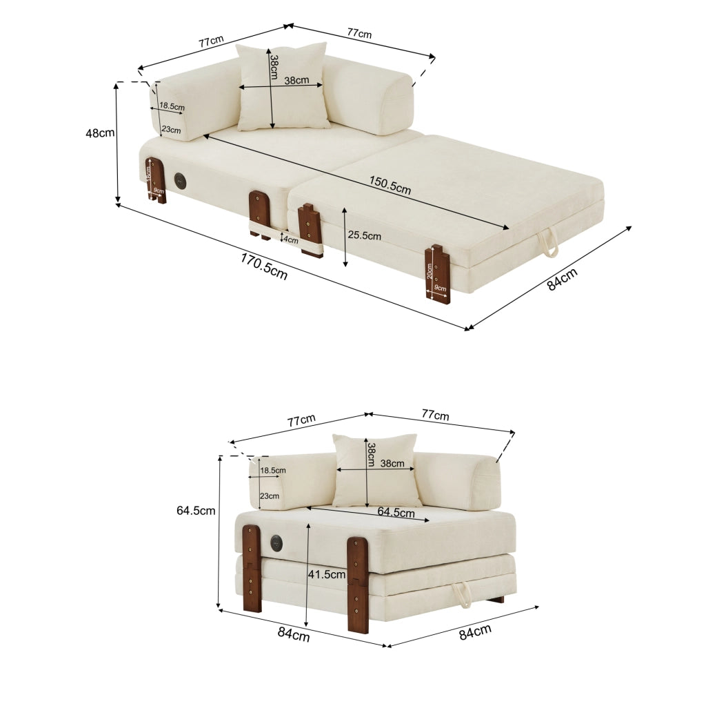 Divano letto pieghevole ULEVR 2 in 1 con porte USB e Type-C, vano contenitore, tasche laterali e cuscino, beige
