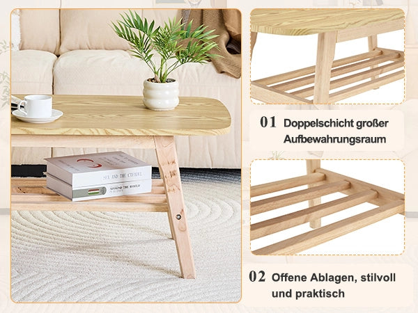 Tavolino basso fisso a due ripiani in legno con ampio spazio contenitore per soggiorno e ufficio 110 × 58 × 19 cm