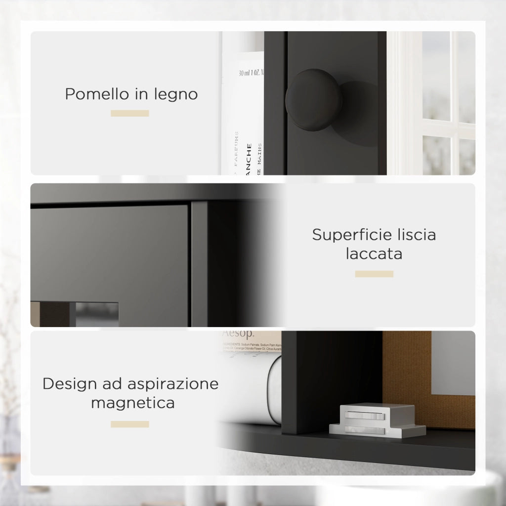 Specchiera Bagno con 6 Ripiani Aperti e 2 Chiusi, in Legno e Vetro, 66x17x63 cm, Nero