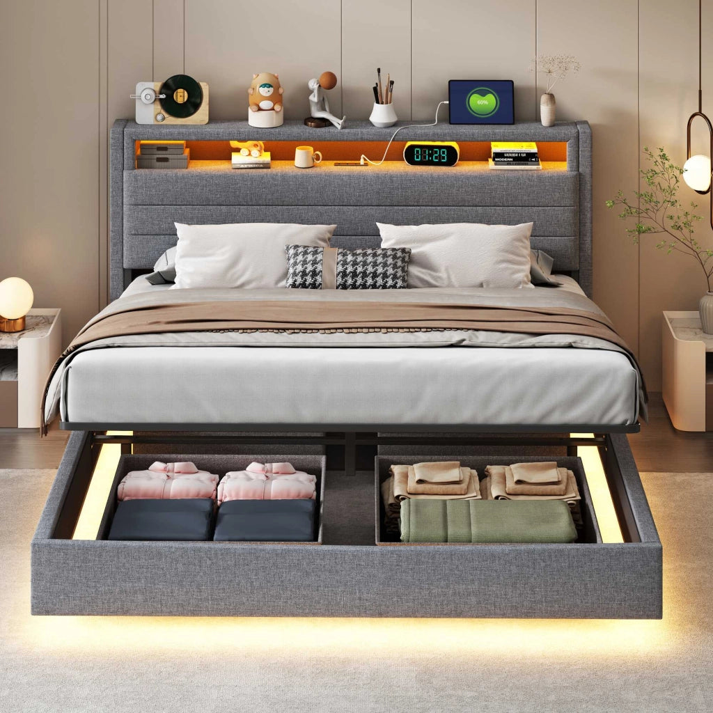 Letto contenitore grigio 160x200 cm in lino; effetto sospeso; LED; USB e testiera ribaltabile; senza materasso