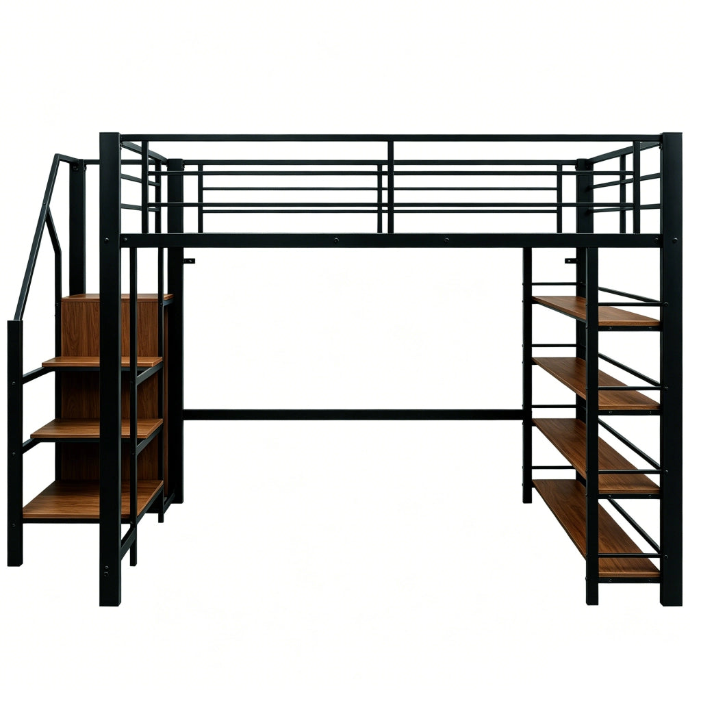 Letto a soppalco 140 × 200 cm con scala contenitore armadio e ripiani in metallo nero