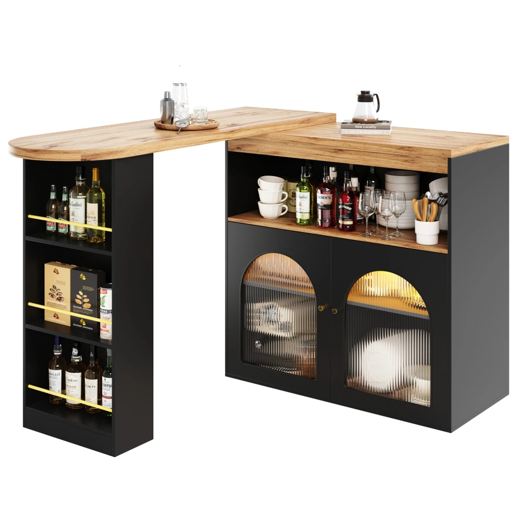 Tavolo bar girevole ed estensibile 138-193x39x105 cm con LED e ripiani; nero