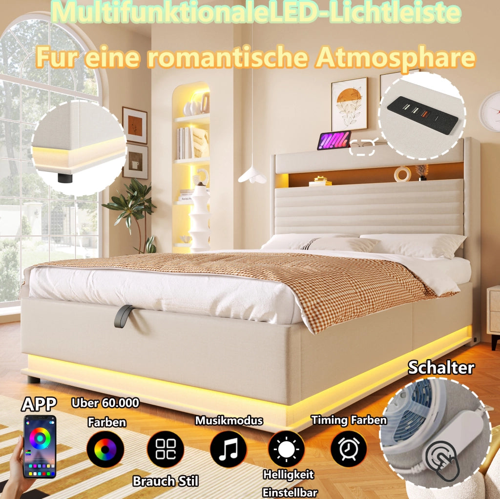 Letto imbottito contenitore 140x200 cm con USB; Type-C; LED e sollevamento idraulico; beige