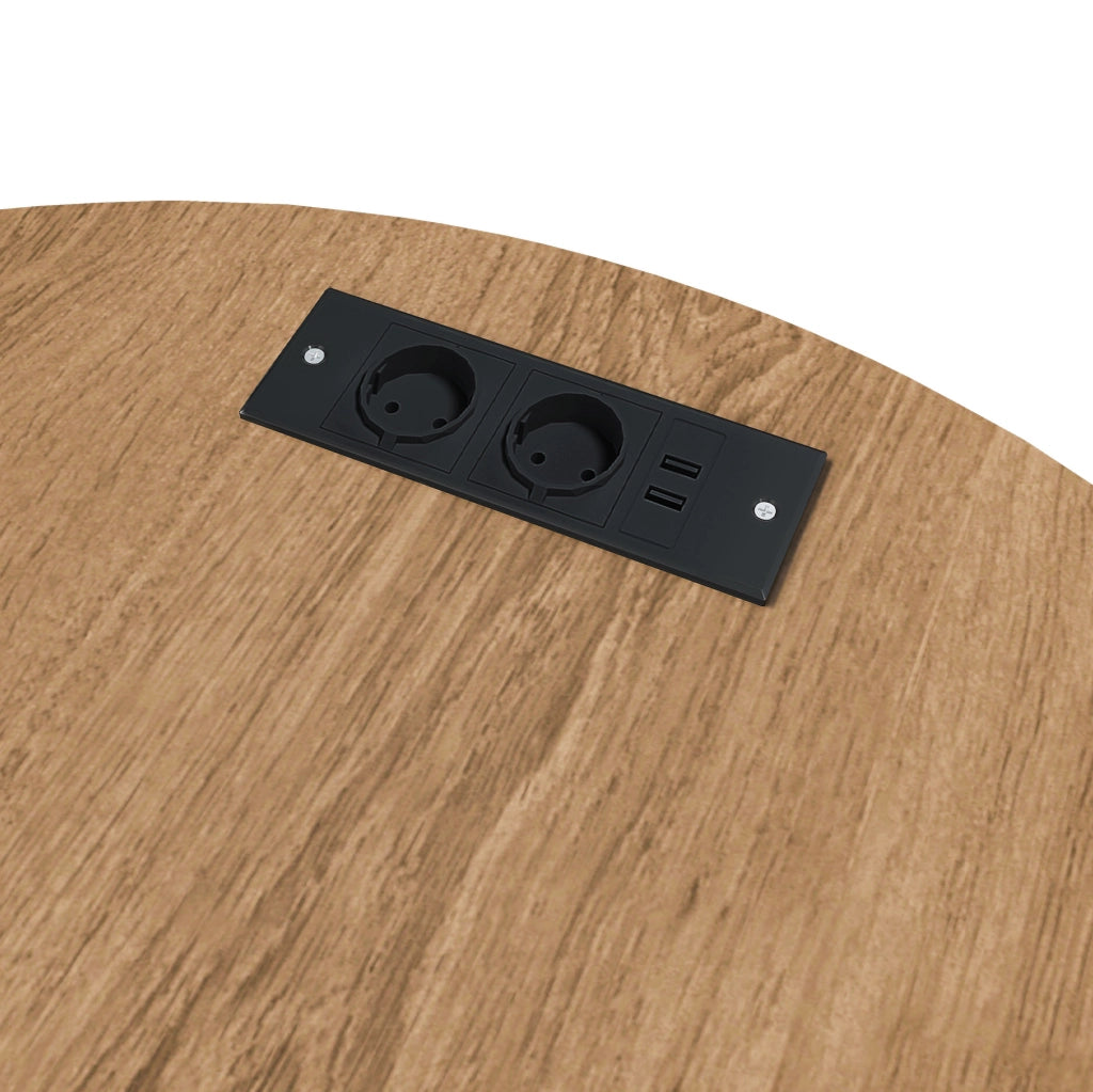 Comodino cilindrico stile Mid-Century con stazione di ricarica (presa elettrica + 2 USB), anta scorrevole e doppio vano, finitura effetto quercia, 60x60x60 cm