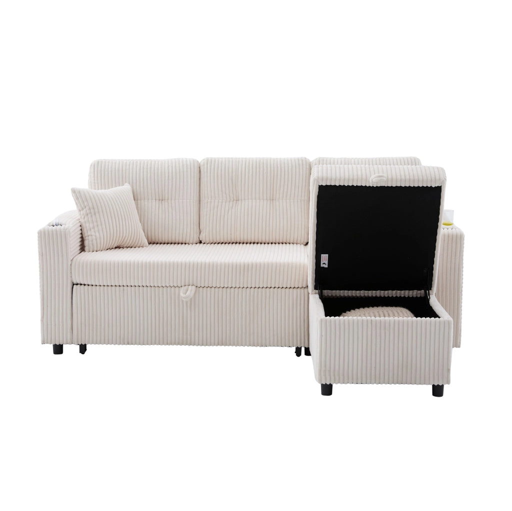 Divano letto 196x82x85 cm in velluto a coste beige con contenitore