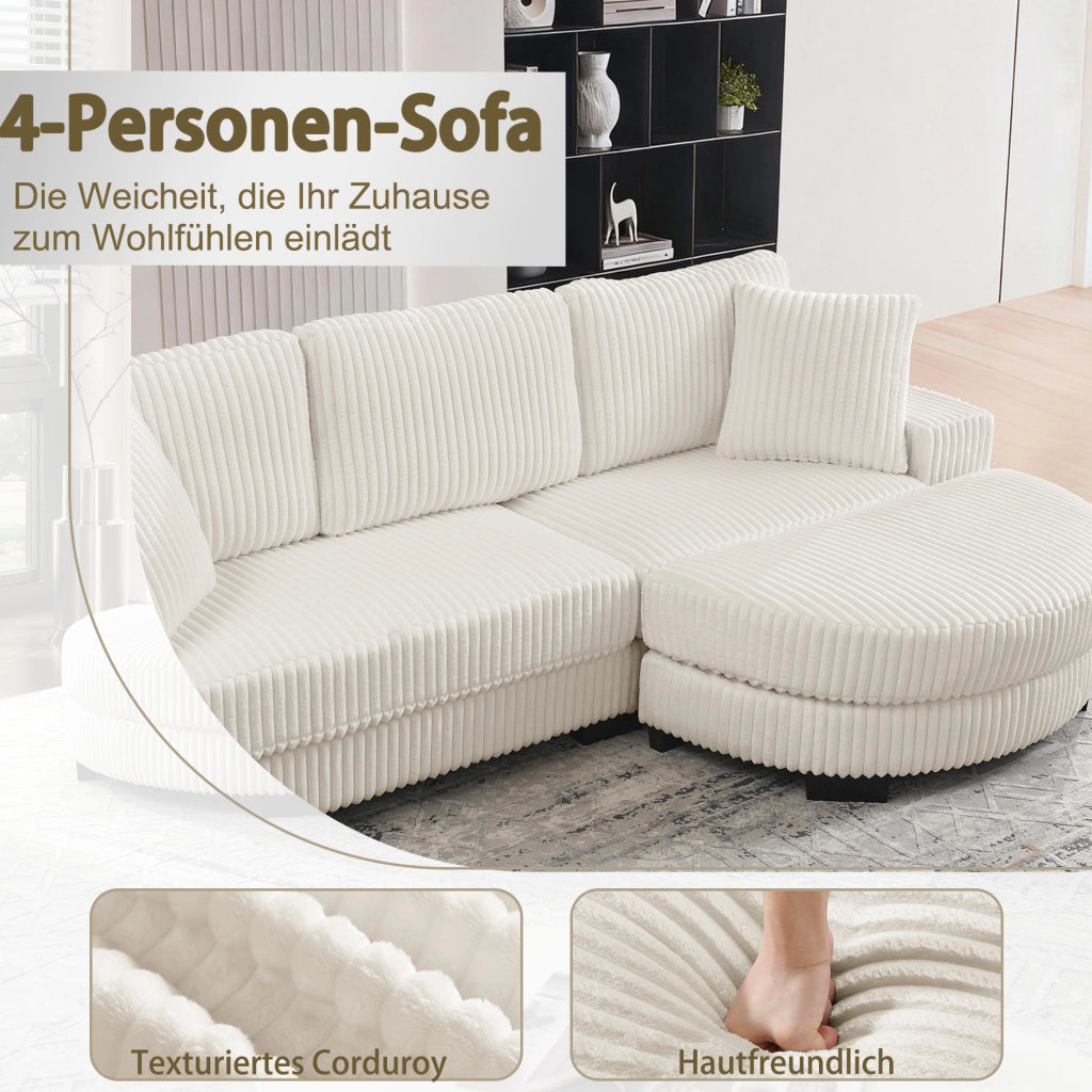 Divano angolare modulare da 256;5?x?133;5?x?89?cm 4 posti a coste; con pouf ovale e 2 cuscini incluso; velluto; bianco